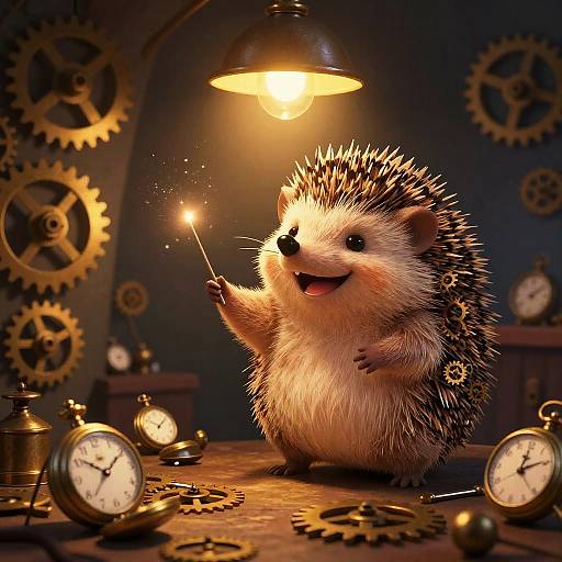 Whimsical Hedgehog Clockmaker in Lamplight