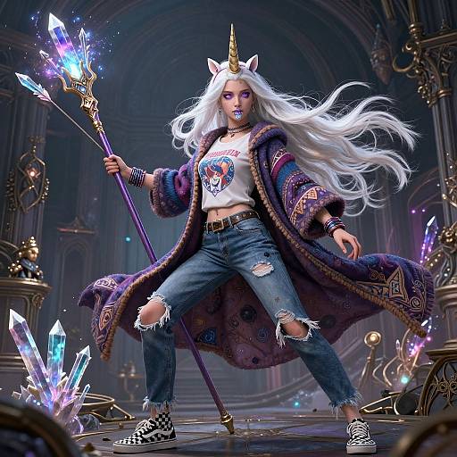 Digital art of a white-haired unicorn-girl with horn, wearing ripped jeans, checkered shoes, and a colorful, patterned coat, wielding a glowing