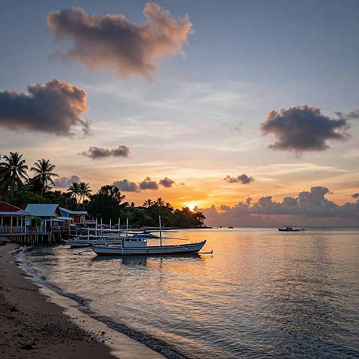 Photograph of a serene tropical beach at sunset, with silhouetted palm trees, small boats on calm waters, and a vibrant orange-yellow sky