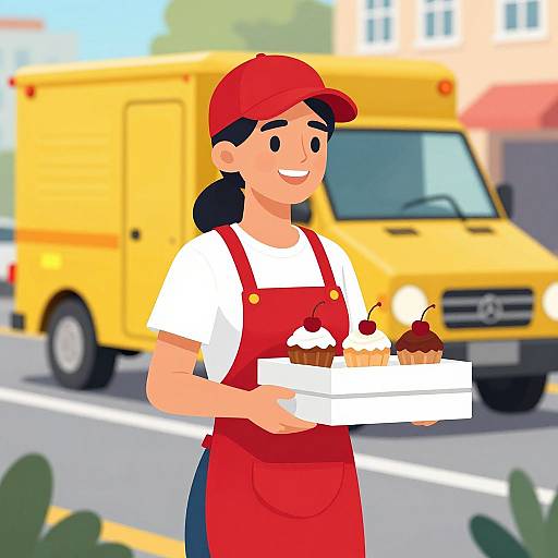 Cheerful Delivery Woman with Cupcakes
