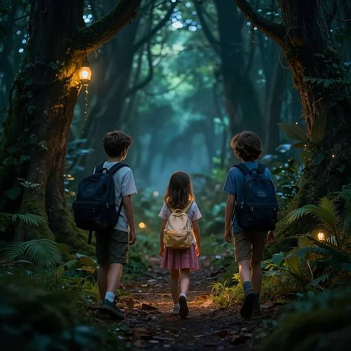 Photograph of three children, two boys in shorts and backpacks, one girl in a pink dress and backpack, walking on a forest path lit by