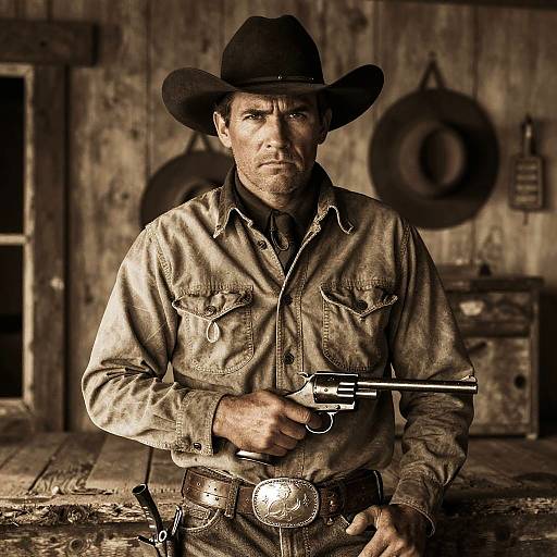 Photograph of a rugged cowboy in a brown hat and worn denim shirt, holding a revolver, with a wooden barn background.