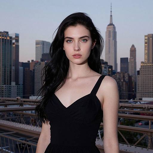 Photograph of a fair-skinned, dark-haired woman with green eyes wearing a black V-neck dress, standing against a Manhattan skyline backdrop with the Empire