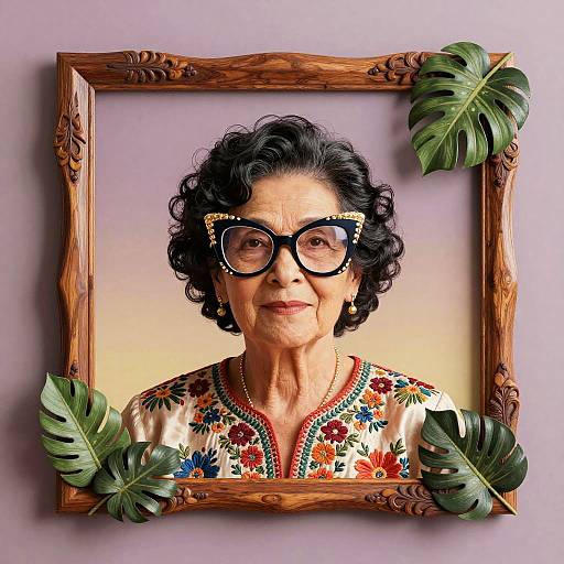 Stylized Elderly Woman in Tropical Frame