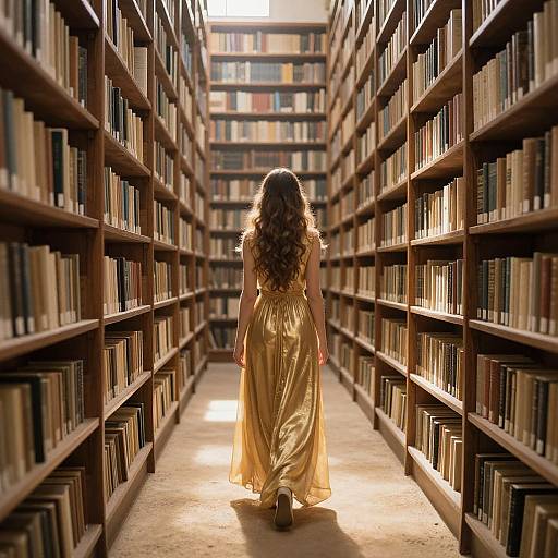 Photograph of a woman with long curly brown hair, wearing a gold, flowing dress, walking down a sunlit library aisle between tall wooden booksh