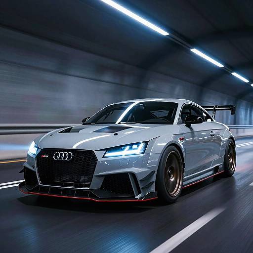 Photograph of a sleek, white Audi RS4 with blue LED headlights, black grille, and red accents speeding through a dimly lit tunnel with motion