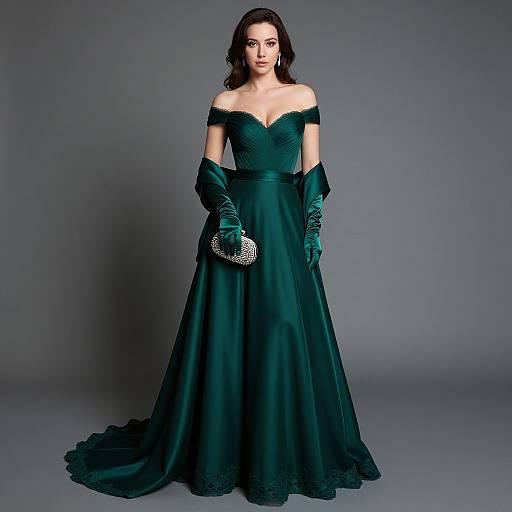 Photograph of a woman with dark hair, wearing an off-shoulder, emerald green ball gown, long gloves, and holding a sparkly