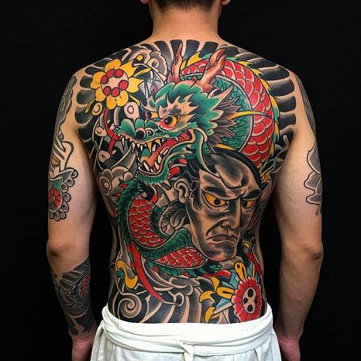 Photograph of a man's back showcasing vibrant, colorful traditional Japanese dragon and samurai tattoo, with red, green, and black hues, and a