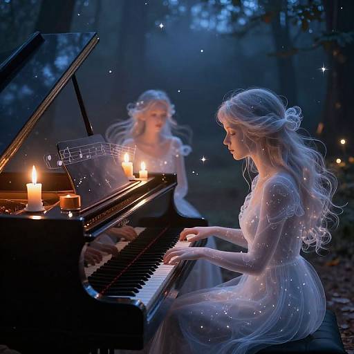 Enchanted forest evening: ethereal blonde woman in translucent dress plays piano surrounded by glowing candles, reflected in piano, with a faintly visible eth
