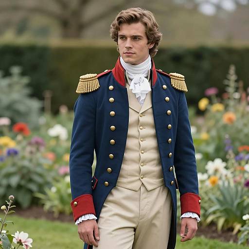 Young Man in 18th Century Military-Style Coat in Garden