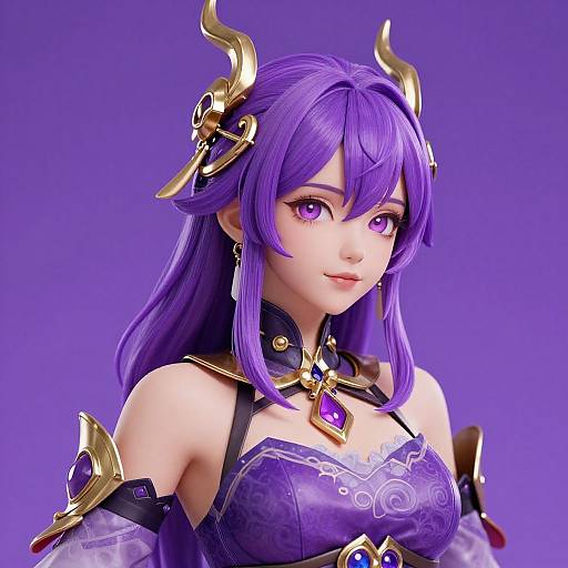 Digital artwork of a purple-haired anime woman with golden horns, purple eyes, and ornate armor, set against a solid purple background.