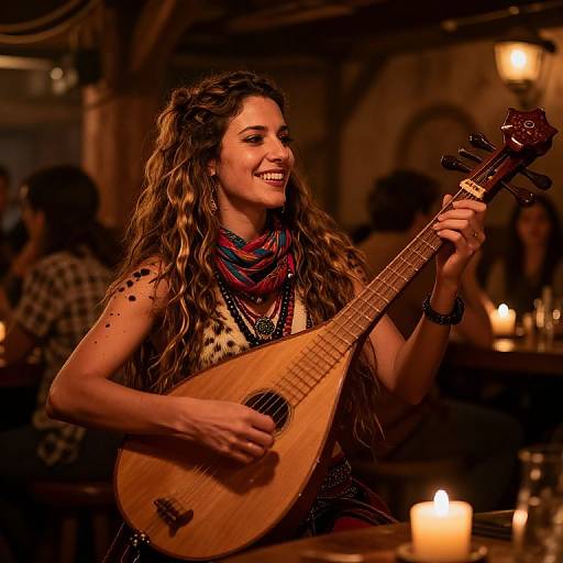 Photograph of a smiling woman with long wavy brown hair, playing a wooden guitar in a dimly lit, candlelit bar.