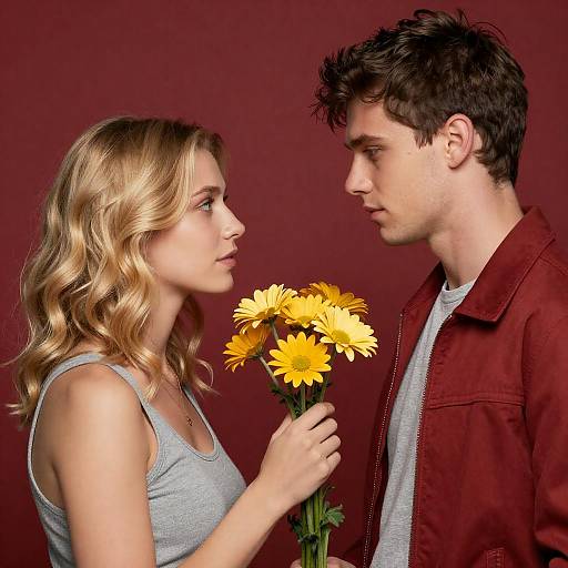 Intense Young Couple Portrait with Flowers