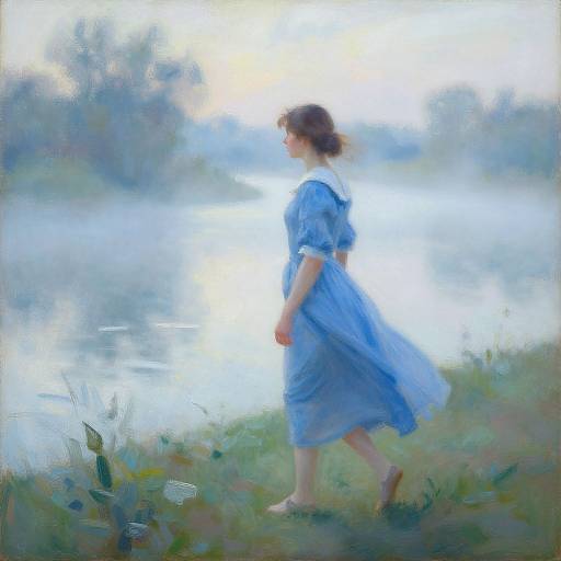 Digital painting of a woman in a blue dress, walking barefoot by a misty lake, with soft, pastel colors and a dreamy,
