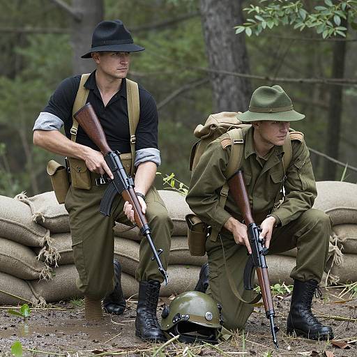 Soldiers in a Waterlogged Forest Scene