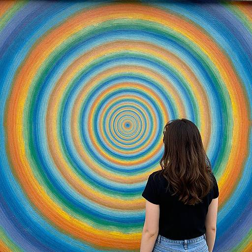 Photograph of a woman with long brown hair, black shirt, and blue jeans, standing before a vibrant, colorful, hypnotic spiral painting.