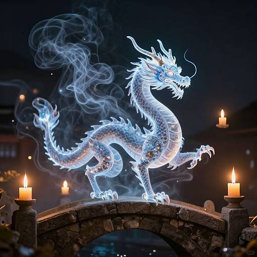 Glowing, ethereal dragon sculpture with wispy smoke, standing on a stone arch, surrounded by lit candles in a dark, nighttime setting.