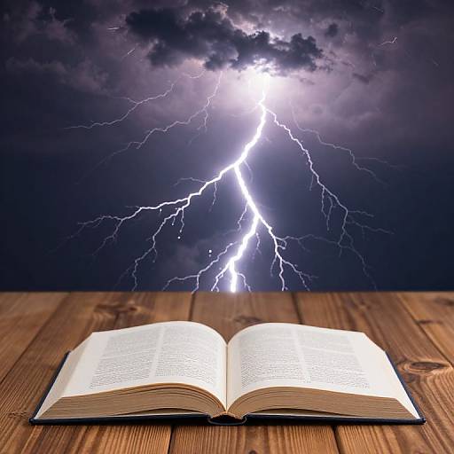 Open book on wooden table, illuminated by striking lightning bolt in dark stormy sky. Photographic realism, dramatic lighting contrast.