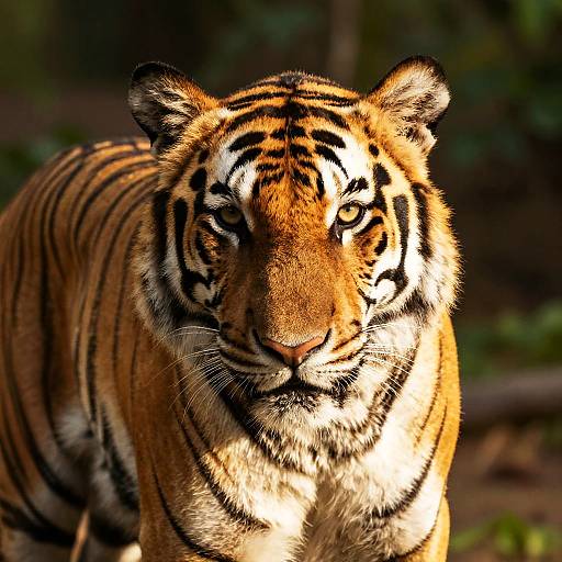 Photograph of a majestic Bengal tiger with vivid orange fur, black stripes, and piercing amber eyes, standing in a sunlit forest.
