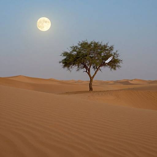 Photograph of a single acacia tree in a vast, rippled desert under a bright, full moon in a clear blue sky.