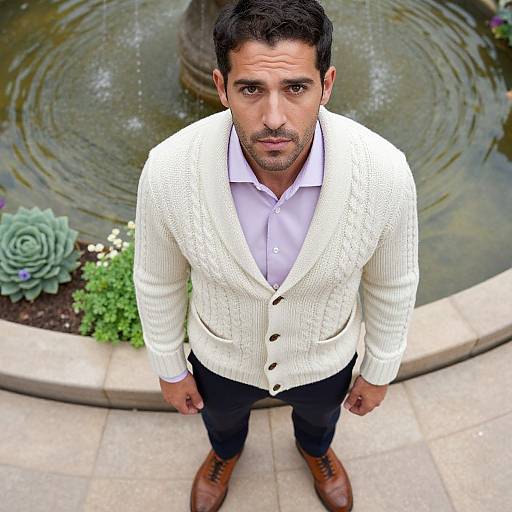 Photograph of a handsome, dark-haired man with a trimmed beard wearing a white cardigan, light blue shirt, black pants, and brown shoes,