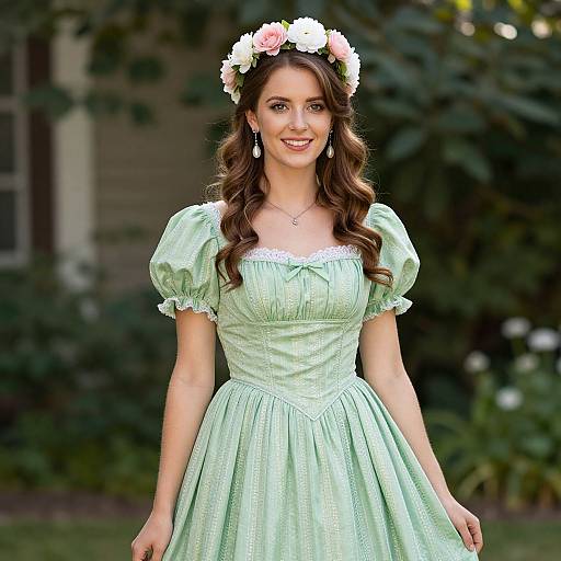 Photograph of a smiling woman with long, wavy brown hair wearing a light green, puffed-sleeve dress, white lace trim, and