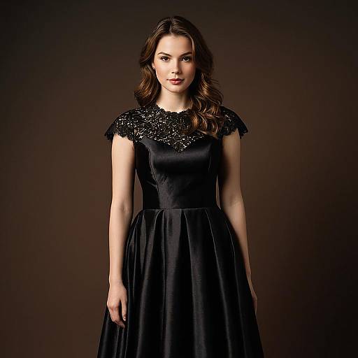 Elegant Woman in Black Lace and Satin Dress