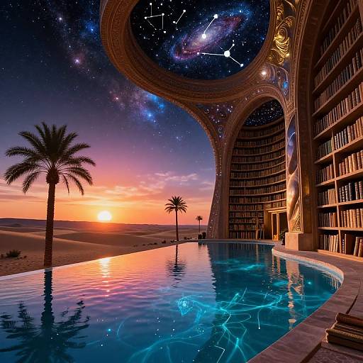 Digital art: Futuristic library with curved, starry ceiling, infinity pool reflecting sunset, palm trees, and galaxy constellations, beside ocean.