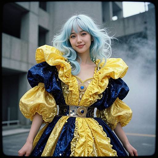 Photograph of an Asian woman with light blue wig, wearing a glittery blue and yellow Renaissance-style dress, standing in an urban alleyway.