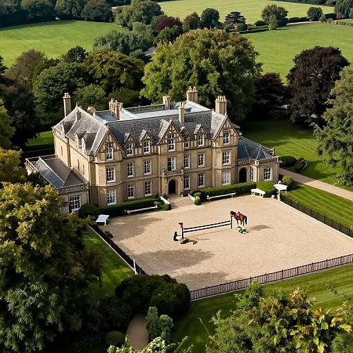 Aerial photograph of a grand, beige, Victorian-style mansion with multiple chimneys, surrounded by lush greenery, and featuring a sandy equestrian