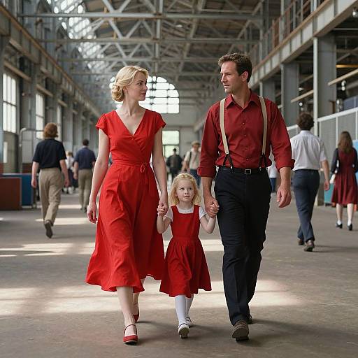 Family Walk in Sunlit Industrial Hanger