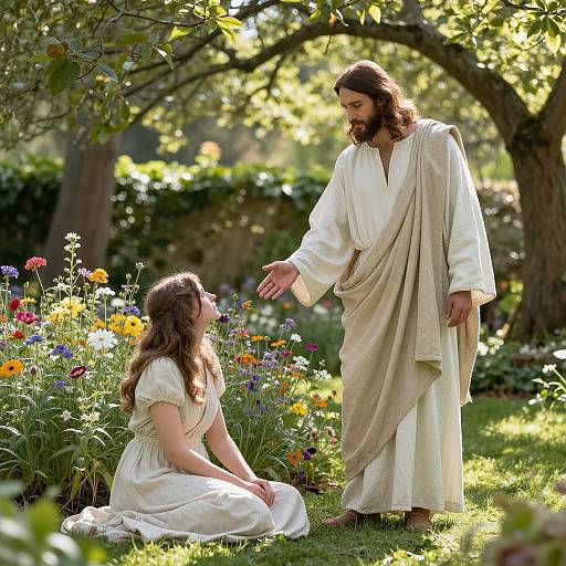 Photograph of a bearded Jesus in white robe, gently touching a kneeling, brown-haired woman in white dress, surrounded by colorful flowers and a sun