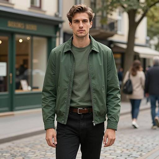 Young man in casual green outfit on city street