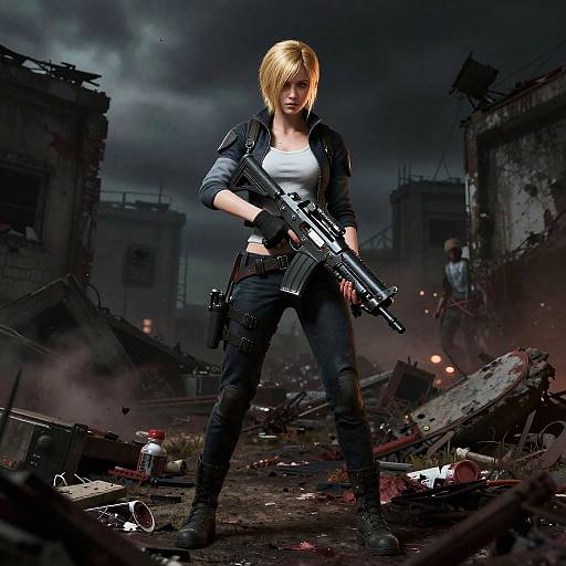 Blonde Heroine in Post-Apocalyptic Ruins