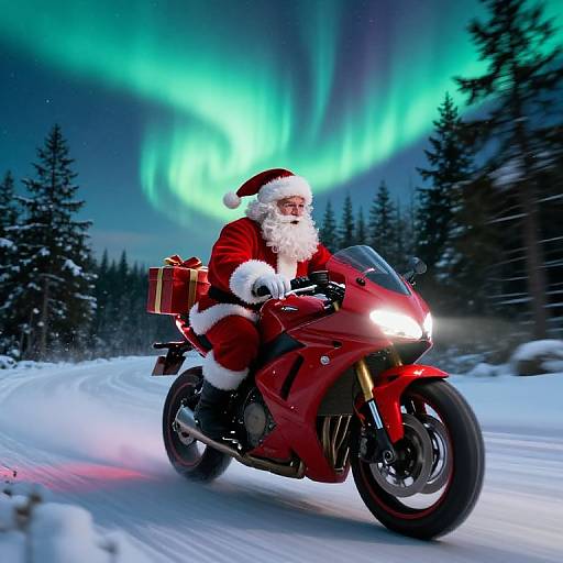 Photograph of Santa Claus in red suit and hat, riding a red motorcycle through snowy forest under vibrant green aurora borealis. Gift box in back