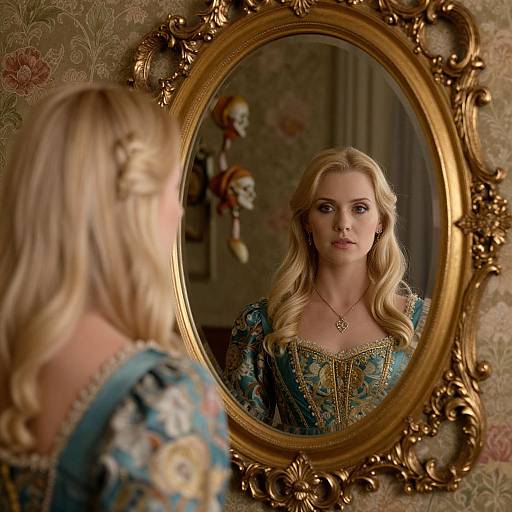 Photograph of a blonde woman with wavy hair, wearing a detailed blue and gold Renaissance-style dress, reflected in an ornate gold oval mirror,