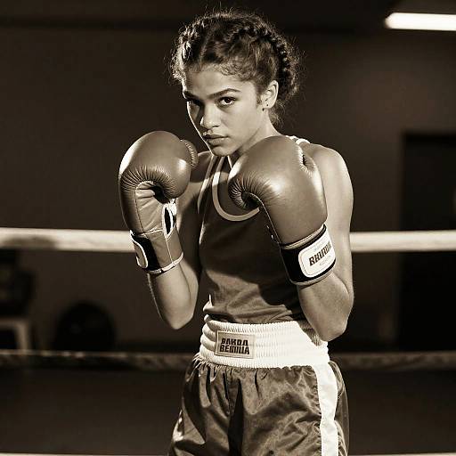 Black-and-white photograph of a focused female boxer with curly hair, wearing gloves and tank top, standing in a dimly lit gym.
