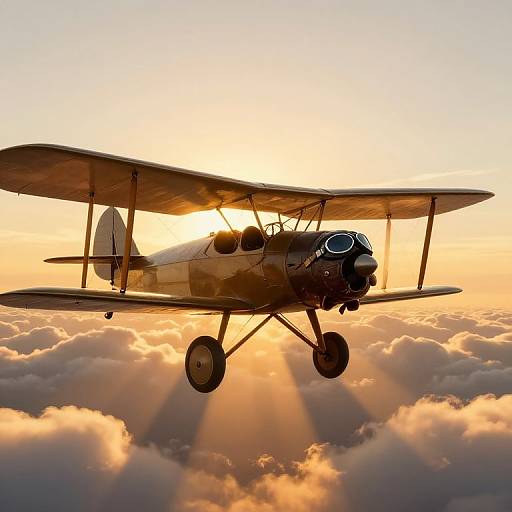 Vintage biplane flying through golden sunset, casting long shadows over fluffy clouds below. Sunlight streams through wings, creating a glowing effect. Photographic image