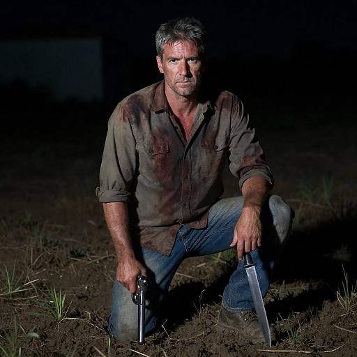 Kneeling Blood-Stained Survivor in Green Night