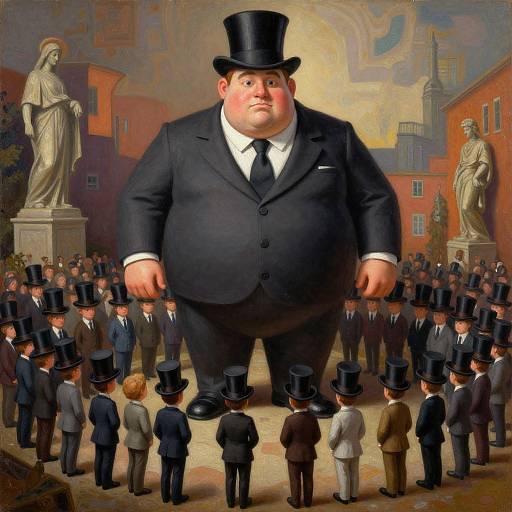 Digital painting of a massive, chubby man in a black top hat and suit, surrounded by tiny men in top hats, standing in an urban plaza with
