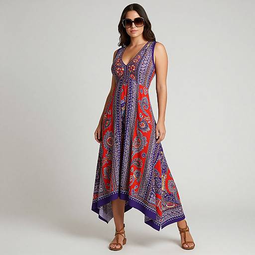 Photograph of a woman with dark hair and sunglasses, wearing a sleeveless, V-neck, purple dress with red and blue patterns, standing against a