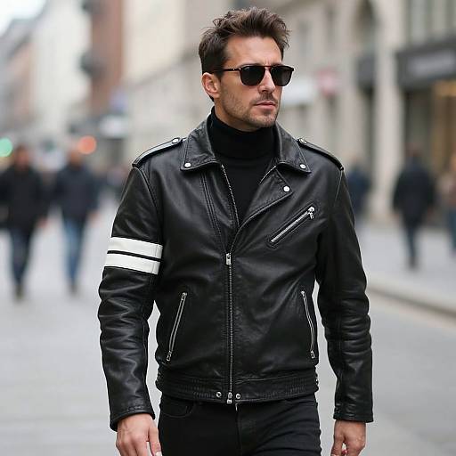 Stylish man in black leather jacket walking in city