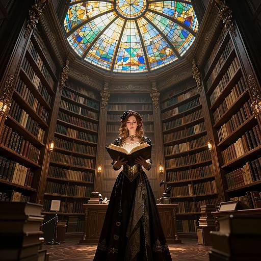 Photograph of a Victorian-era woman in a black, lace gown, reading a book in a grand, illuminated library with stained glass dome.