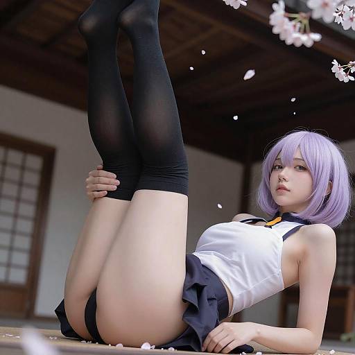 Pale Woman with Purple Hair and Cherry Blossoms