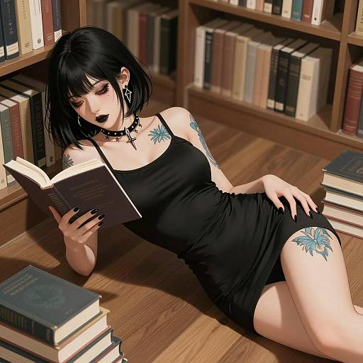 Anime Goth Woman Reading in Library