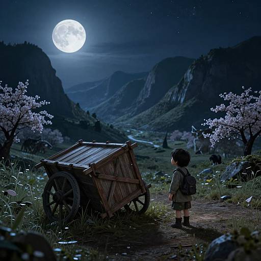 Digital anime-style artwork of a child with a backpack standing beside a wooden cart under a full moon, surrounded by cherry blossoms and mountains.