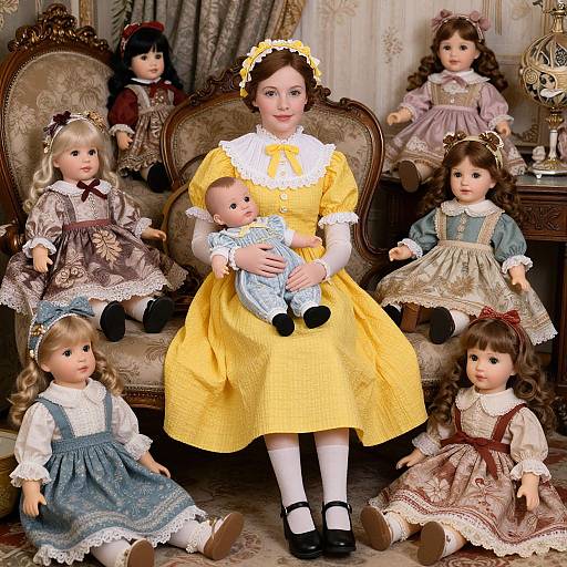 Surreal Doll-Like Woman with Dolls