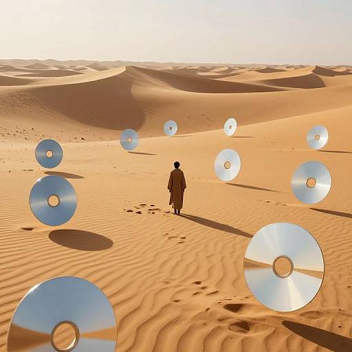 Photograph of a lone figure in desert attire, standing amidst sunlit sand dunes with floating, reflective silver discs scattered around.