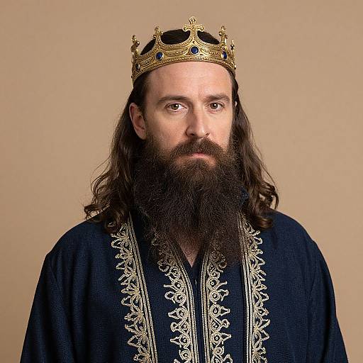 Photograph of a serious, bearded man with long dark hair wearing a golden crown and ornate black robe against a beige background.