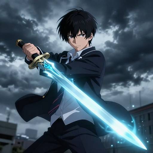 Anime-style digital illustration of a black-haired, intense-eyed young man in a black suit wielding a glowing blue sword under a stormy sky.